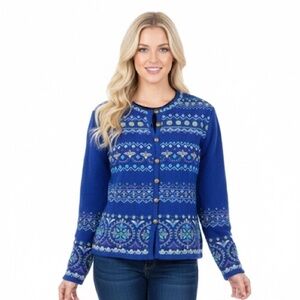 CARSON floral embroidered appliqué knit cardigan size medium lambswool blend